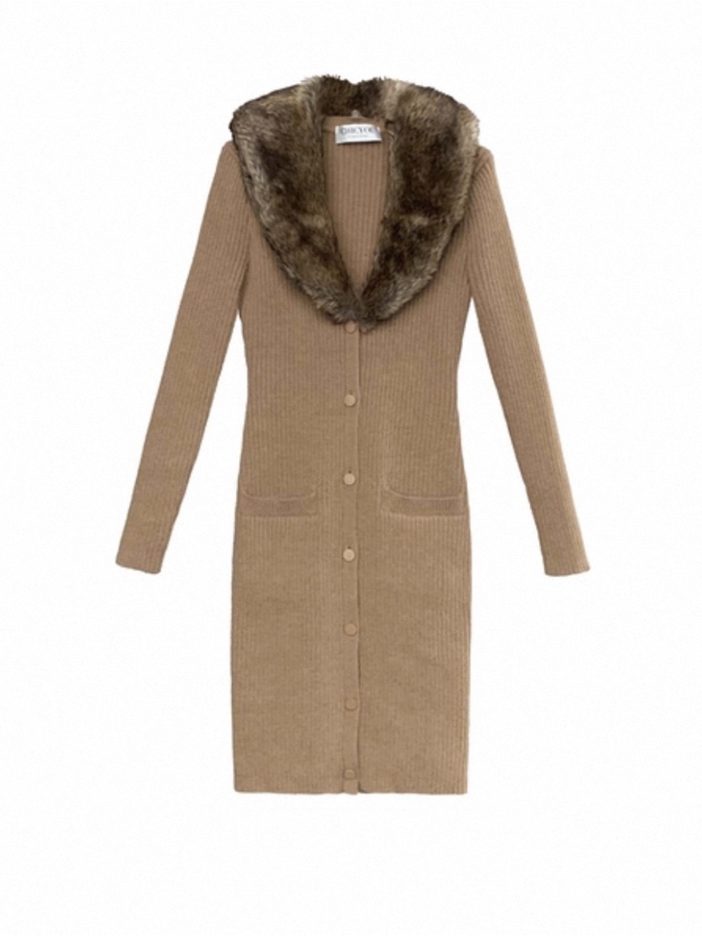 chic Ribbed Long Cardigan with Faux Fur Shawl Collar - Tan